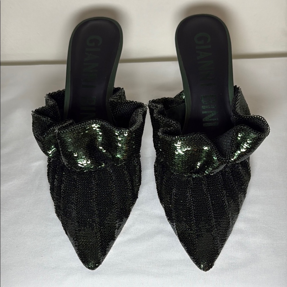 Gianni Bini Dark Green Ruffle and Sequin Kitten Heels - Picture 3 of 13